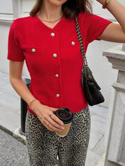 Button Down Short Sleeve Cardigan Red / S
