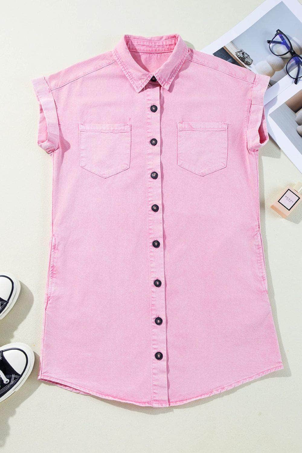 Button Down Short Sleeve Denim Dress