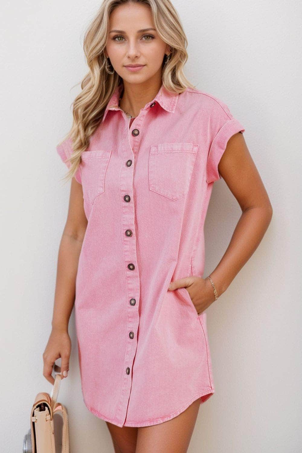 Button Down Short Sleeve Denim Dress Blush Pink / S