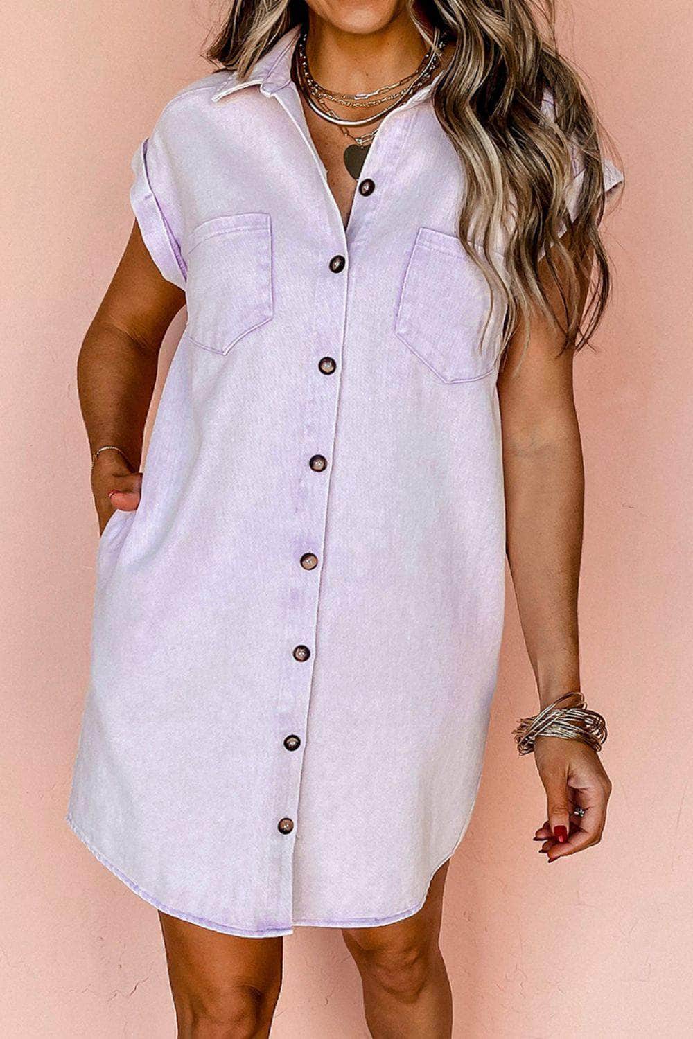 Button Down Short Sleeve Denim Dress Pink Purple / S