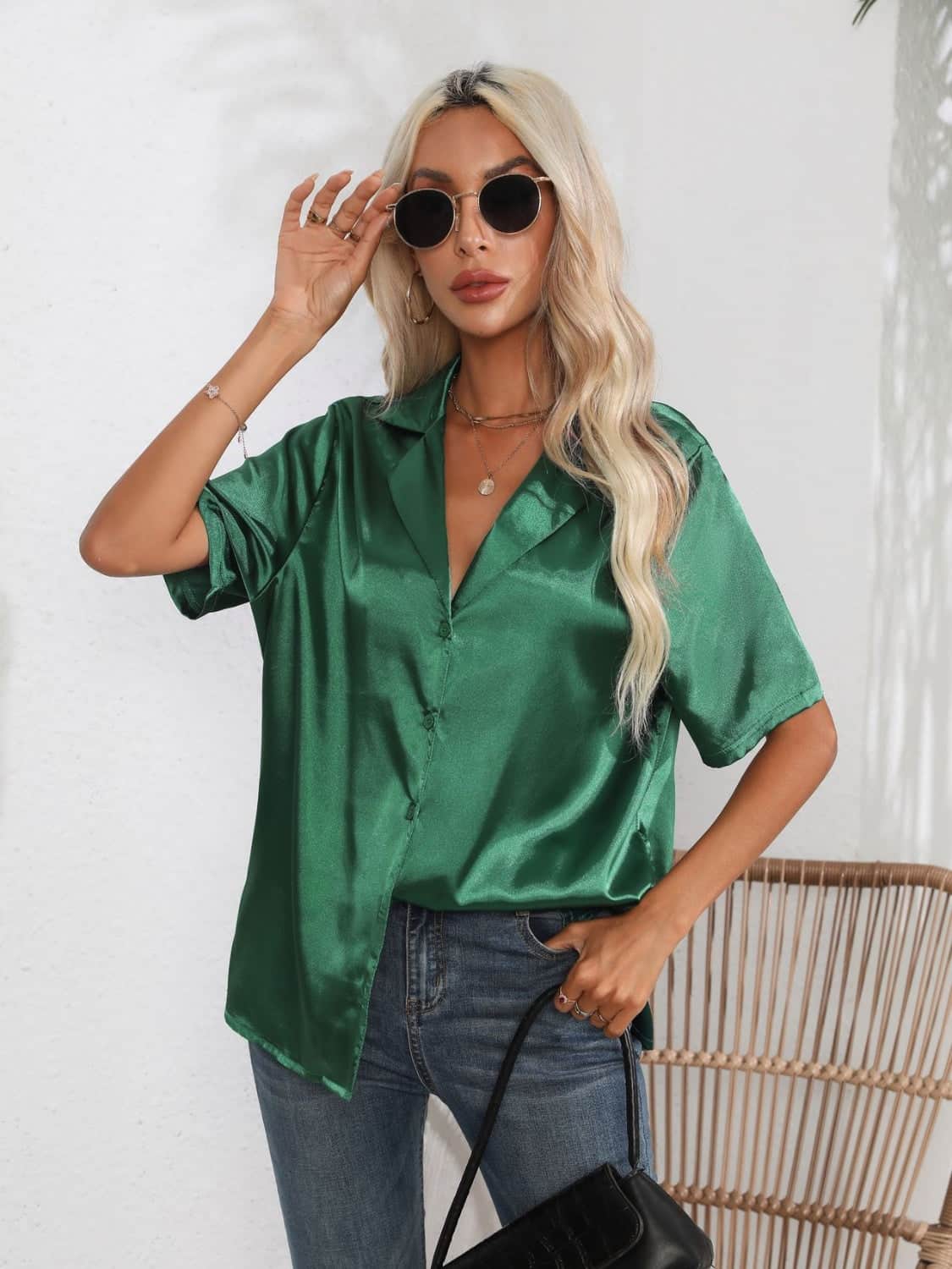 Button Down Short Sleeve Shirt Dark Green / S