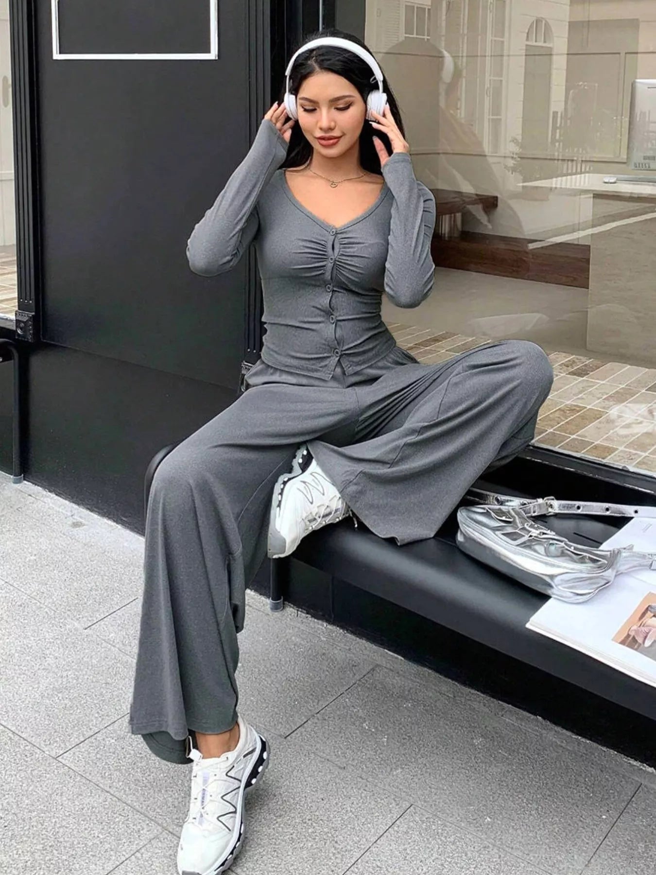 Button-Down Top & Wide Leg Pants Set