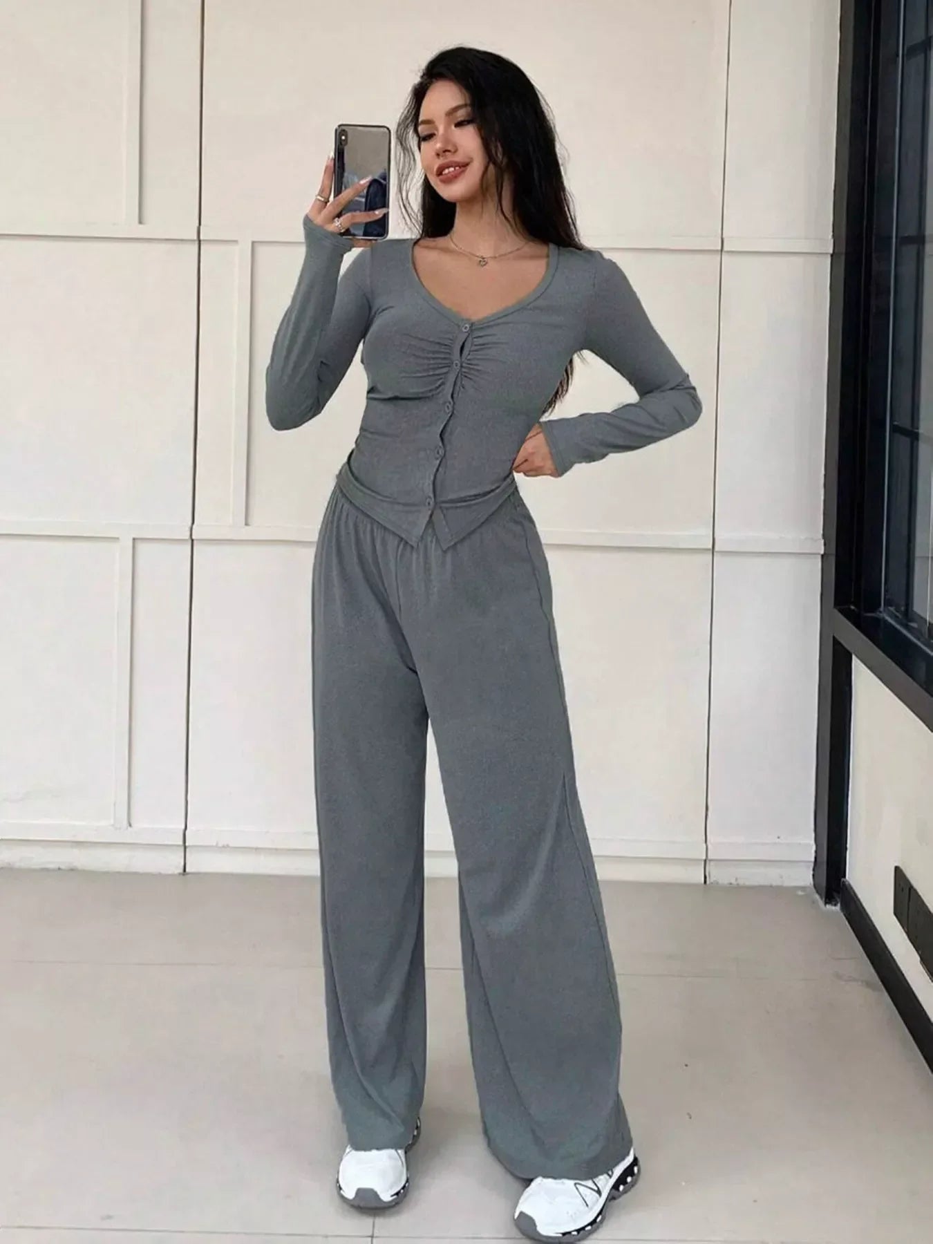 Button-Down Top & Wide Leg Pants Set