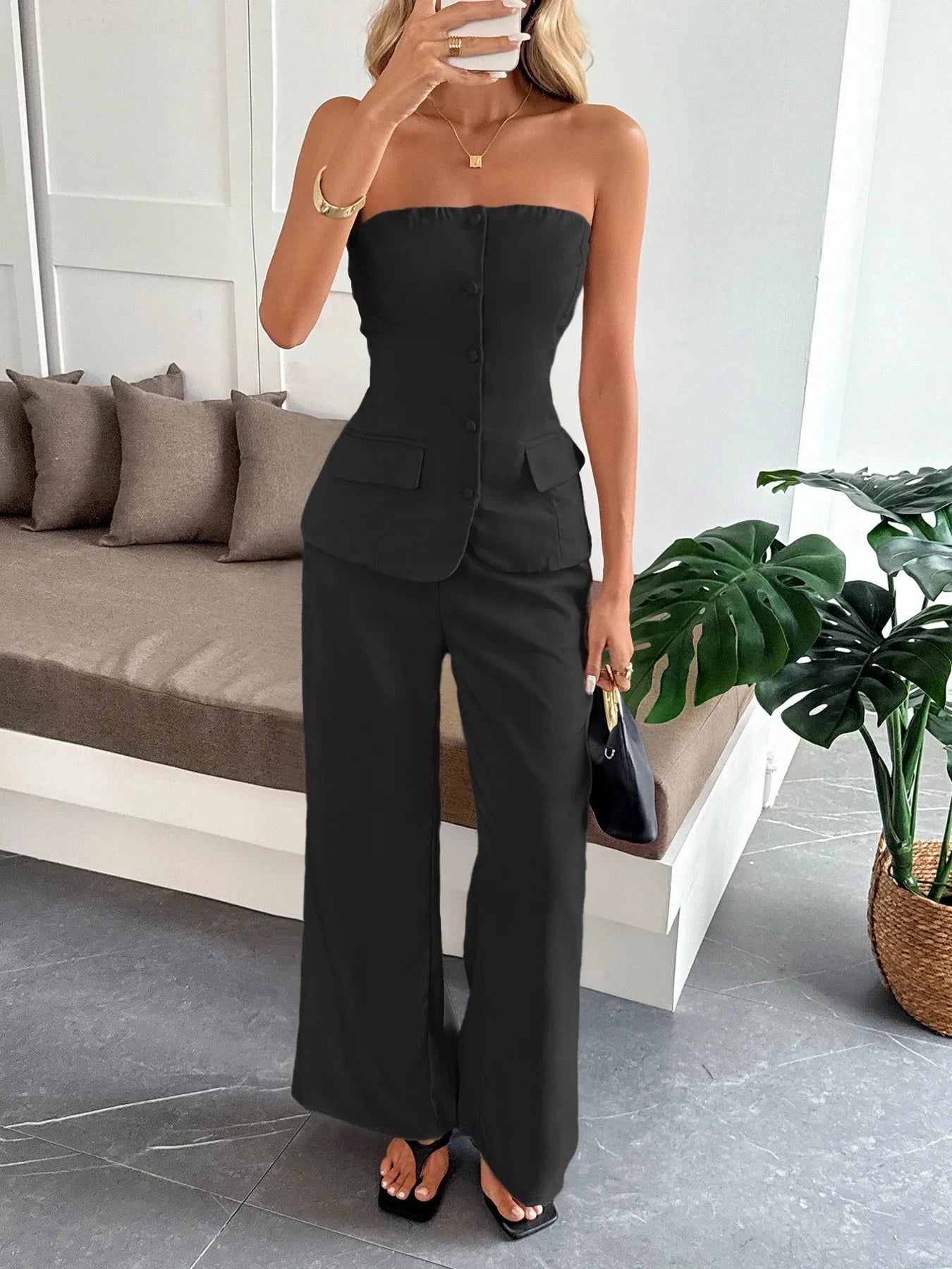 Button Down Tube Top and Pants Set