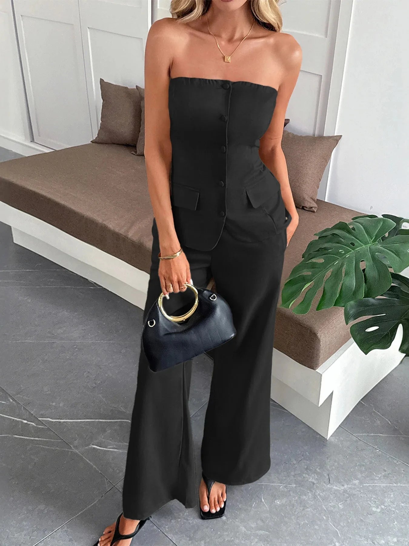 Button Down Tube Top and Pants Set Black / S