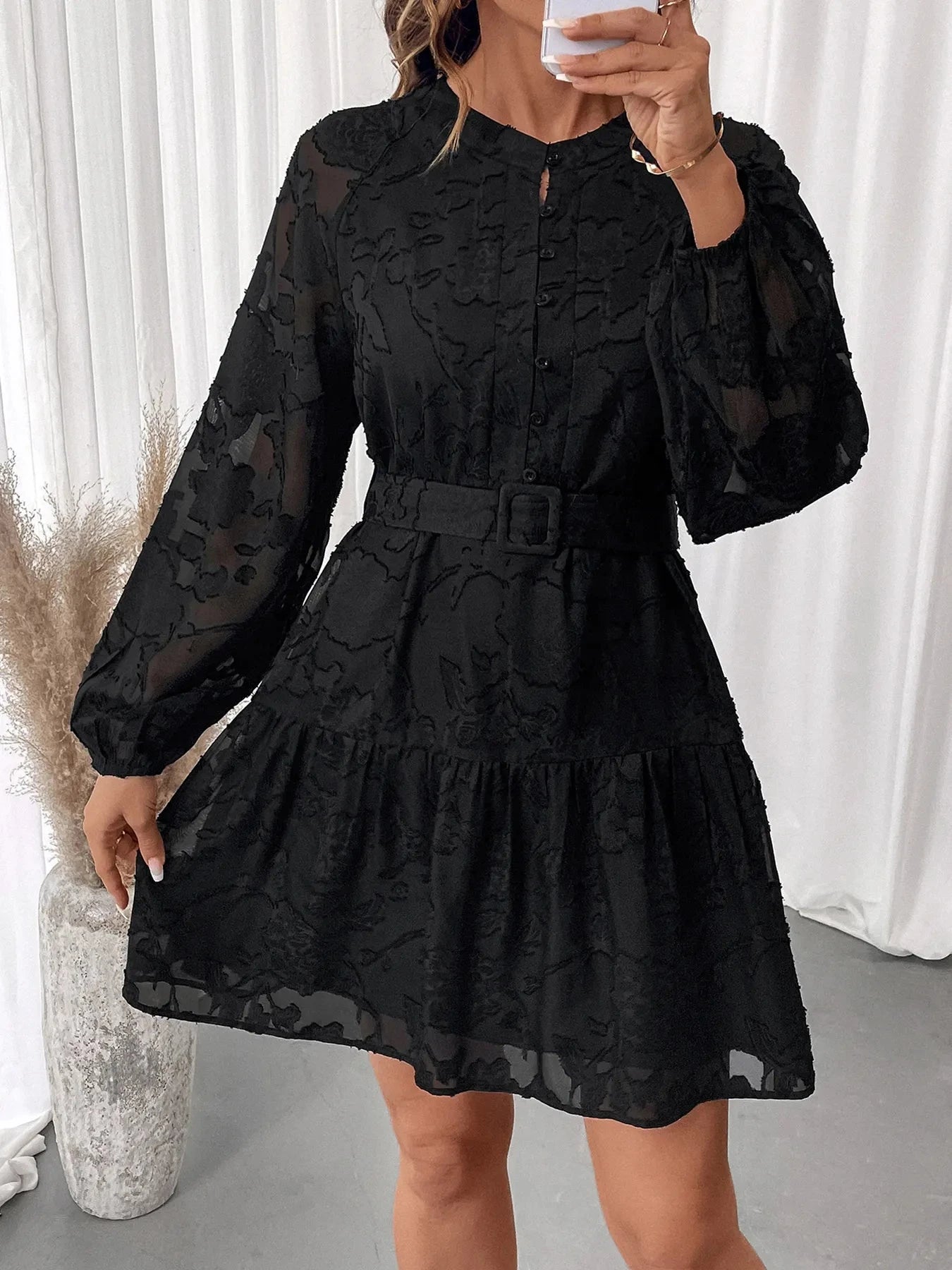 Button-Front Balloon Sleeve Mini Dress