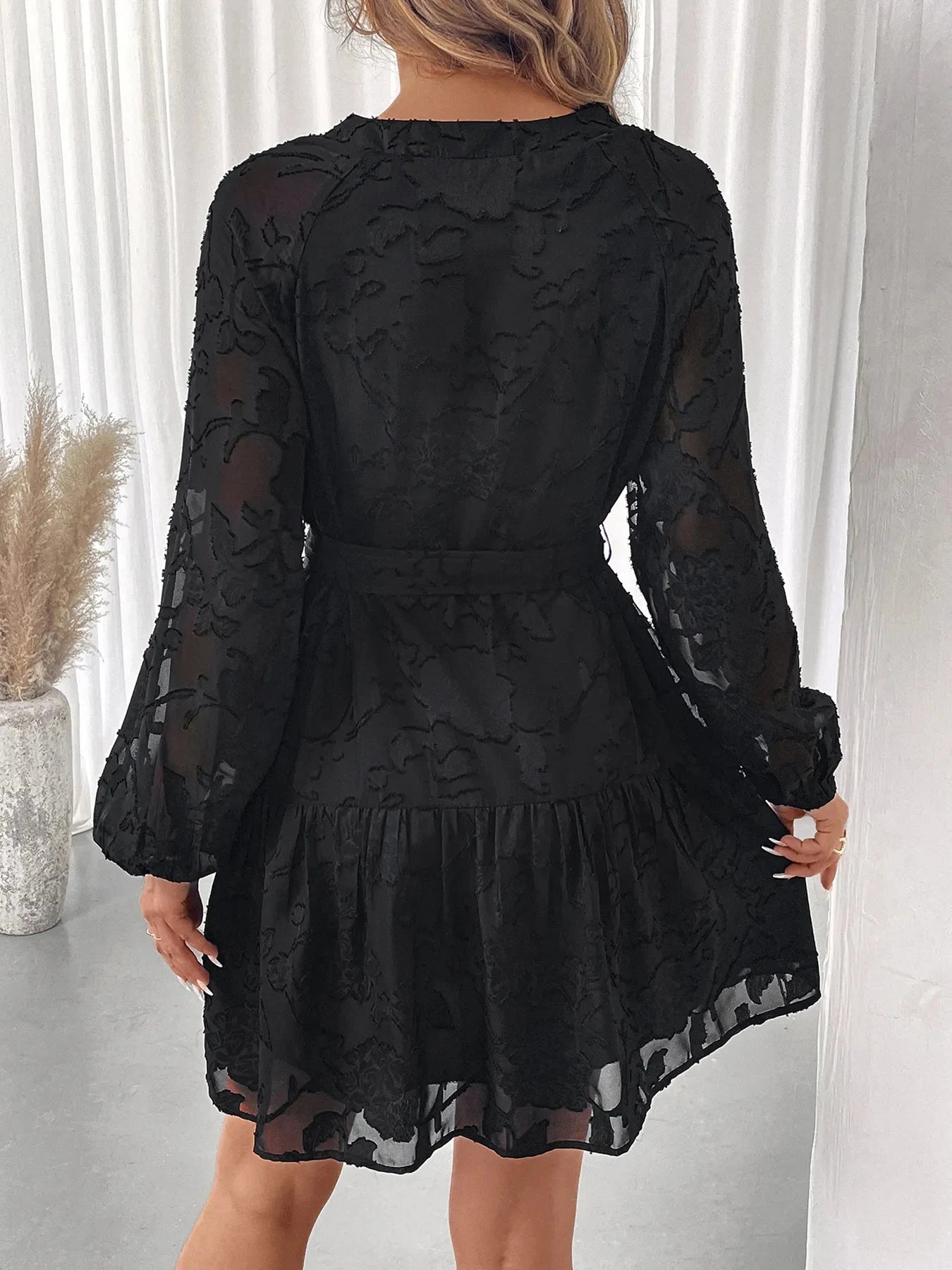 Button-Front Balloon Sleeve Mini Dress