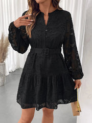 Button-Front Balloon Sleeve Mini Dress Black / S