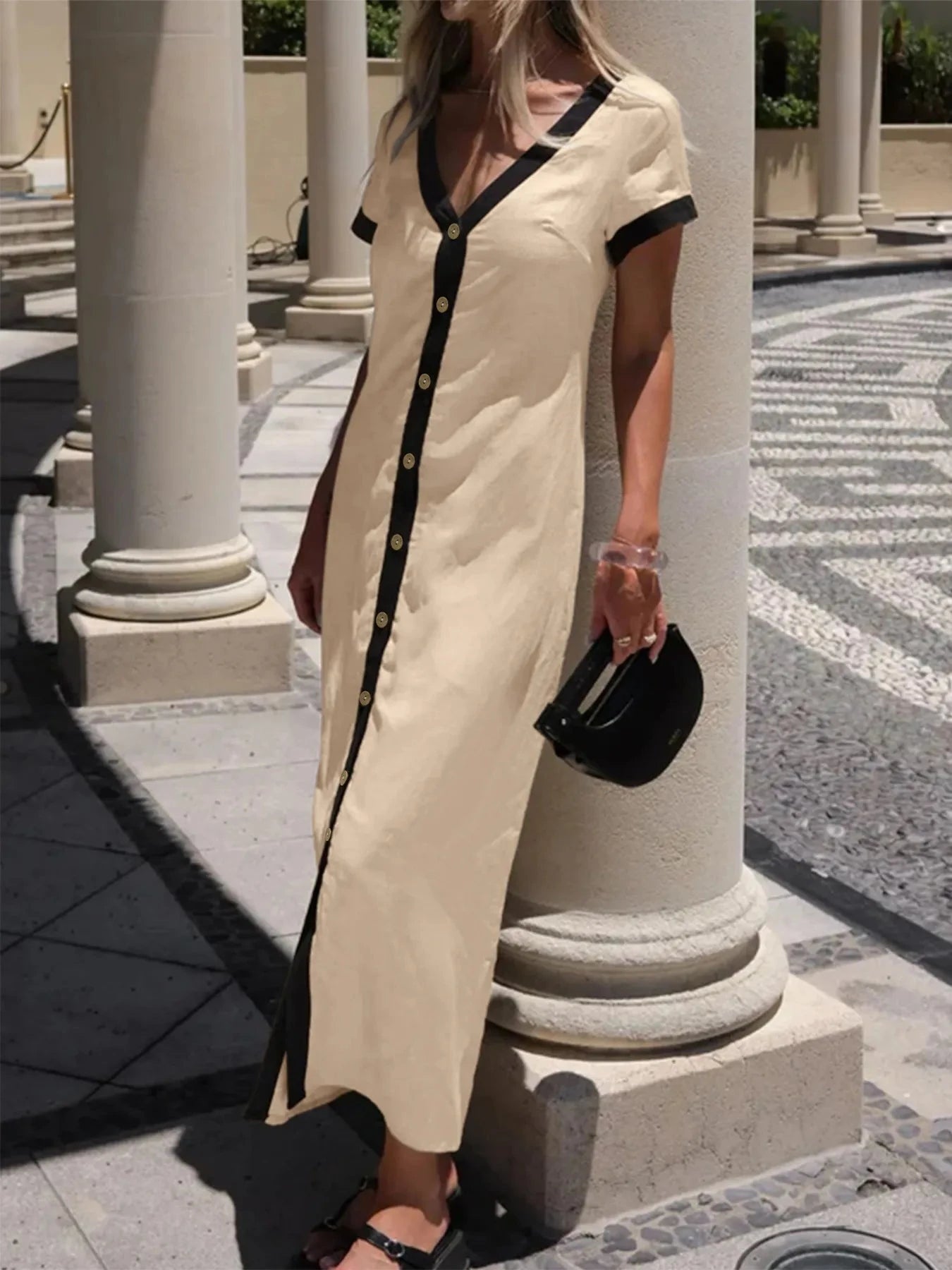 Button-Front Contrast Trim Midi Dress