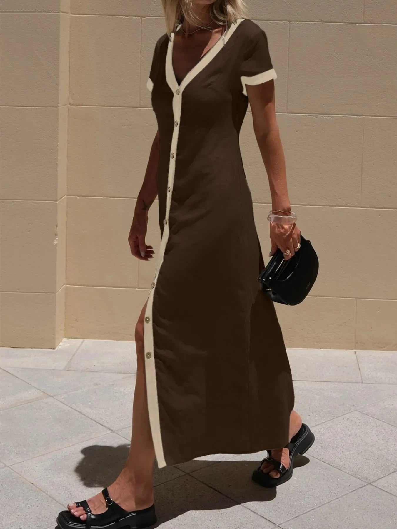 Button-Front Contrast Trim Midi Dress