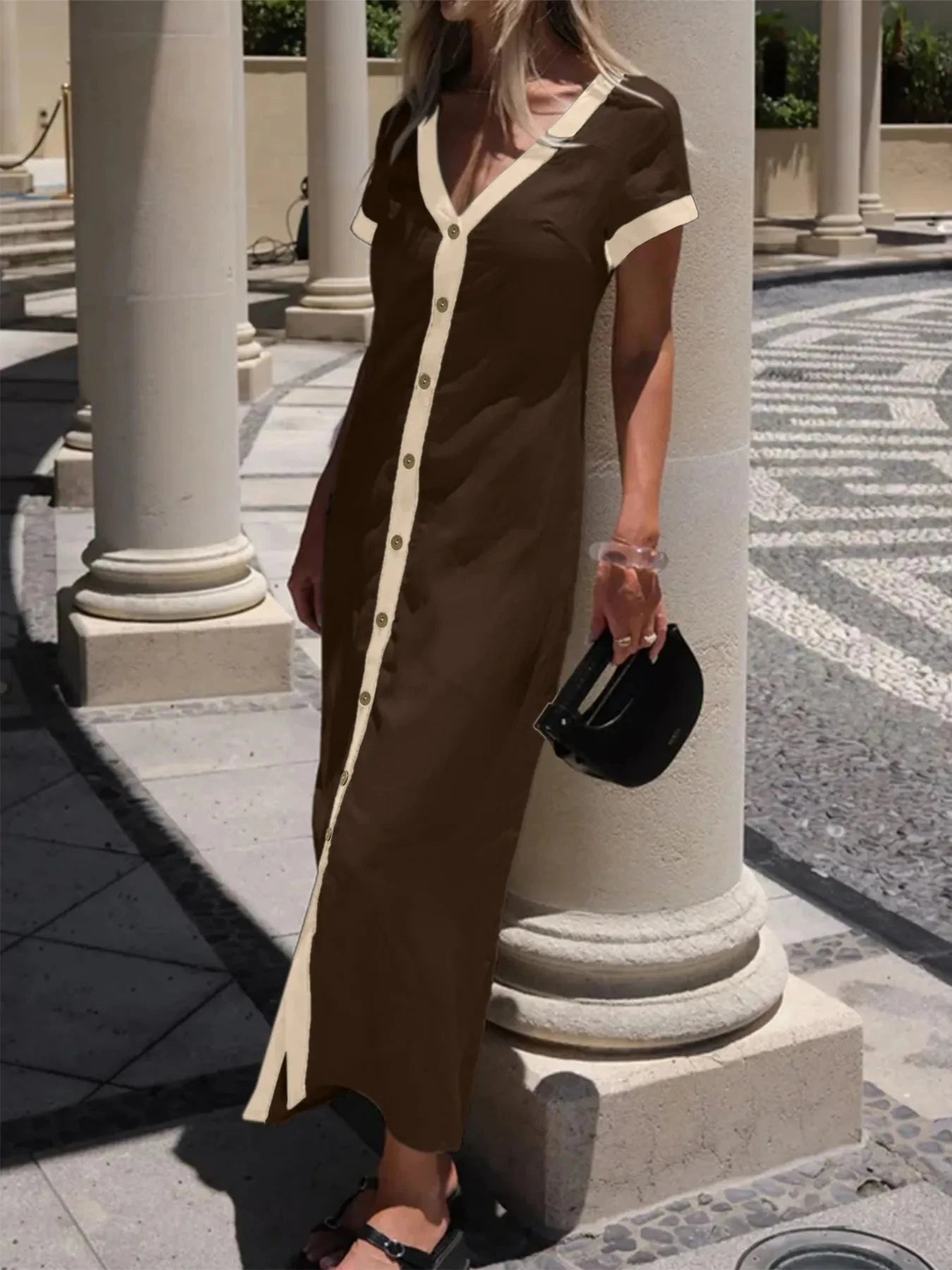 Button-Front Contrast Trim Midi Dress