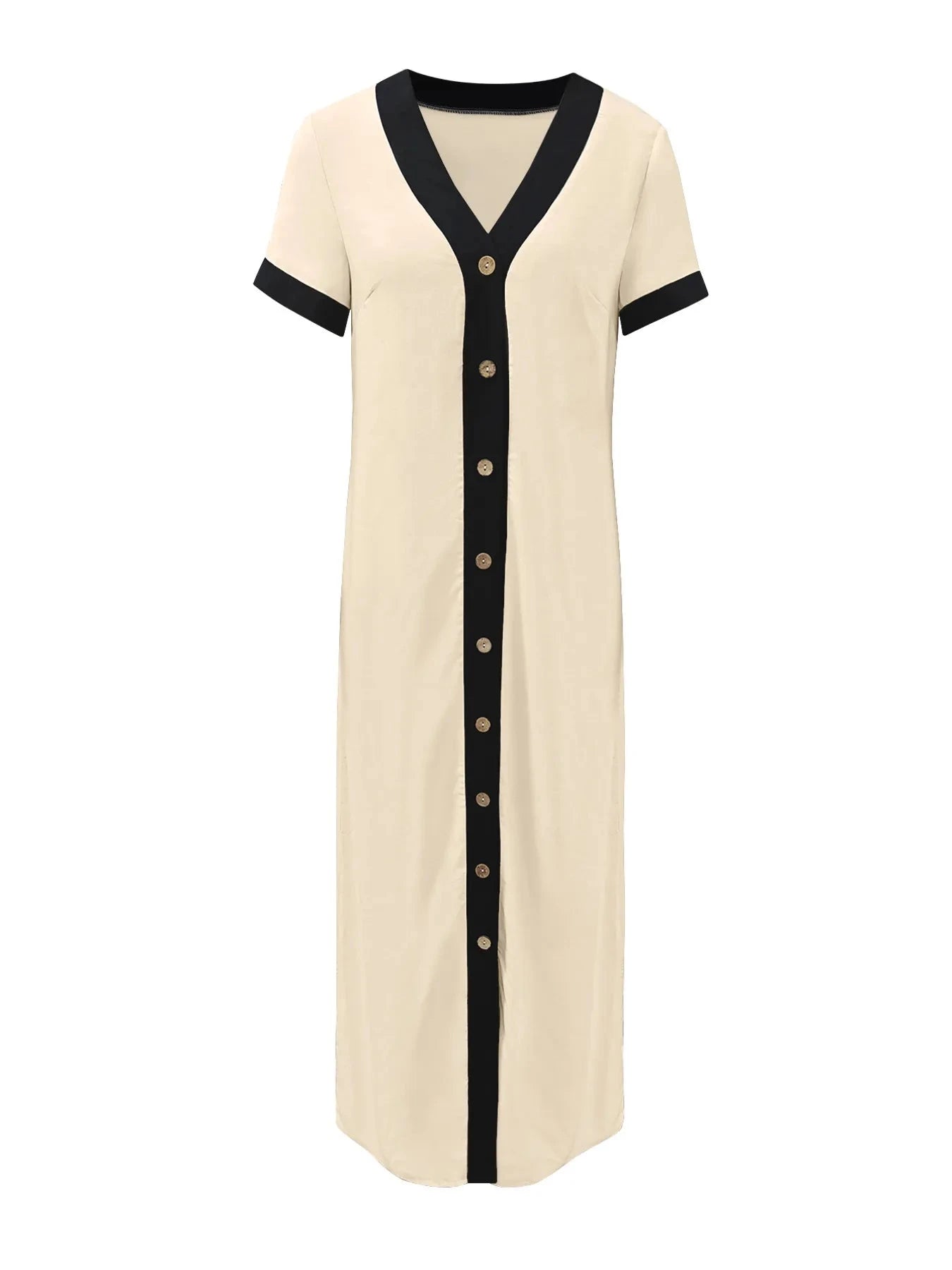 Button-Front Contrast Trim Midi Dress