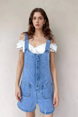 Button Front Denim Overall Shorts with Front Pockets Sky Blue / S
