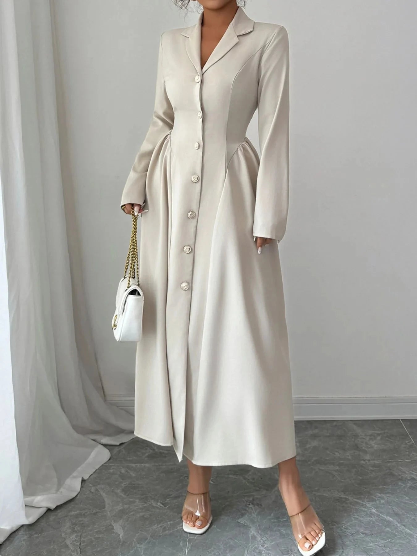 Button-Front Long Sleeve Dress