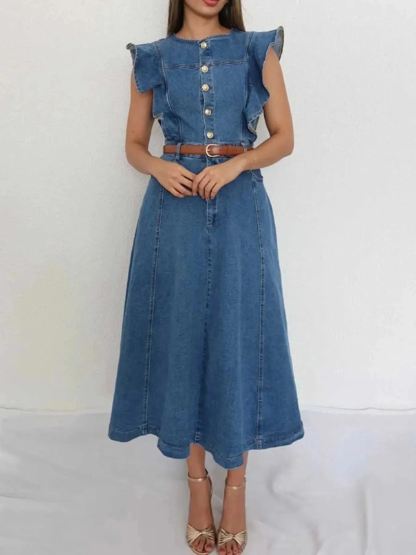 Button-Front Ruffle Sleeve Denim Midi Dress