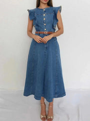 Button-Front Ruffle Sleeve Denim Midi Dress