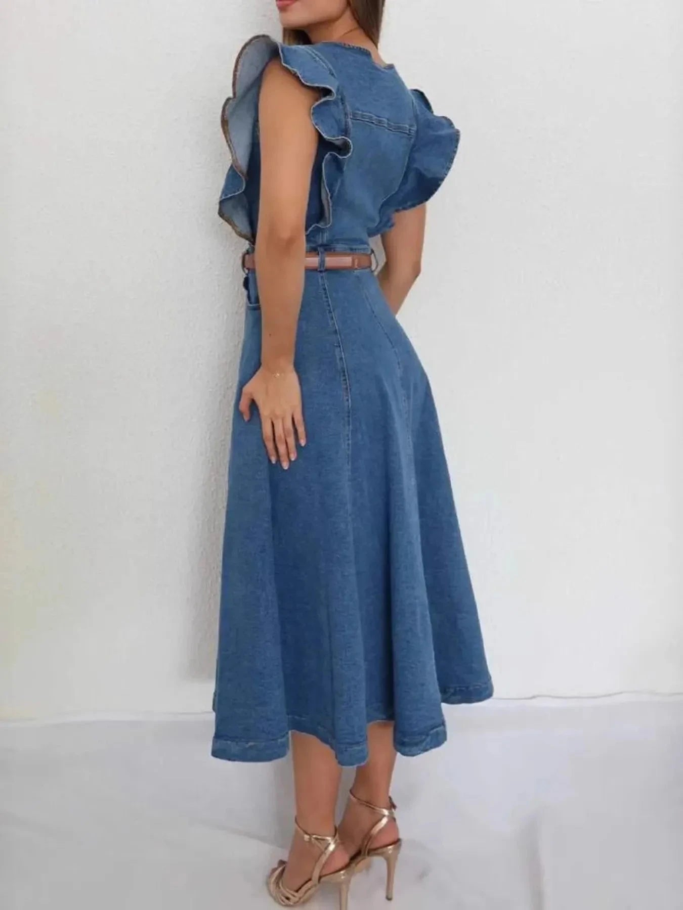 Button-Front Ruffle Sleeve Denim Midi Dress