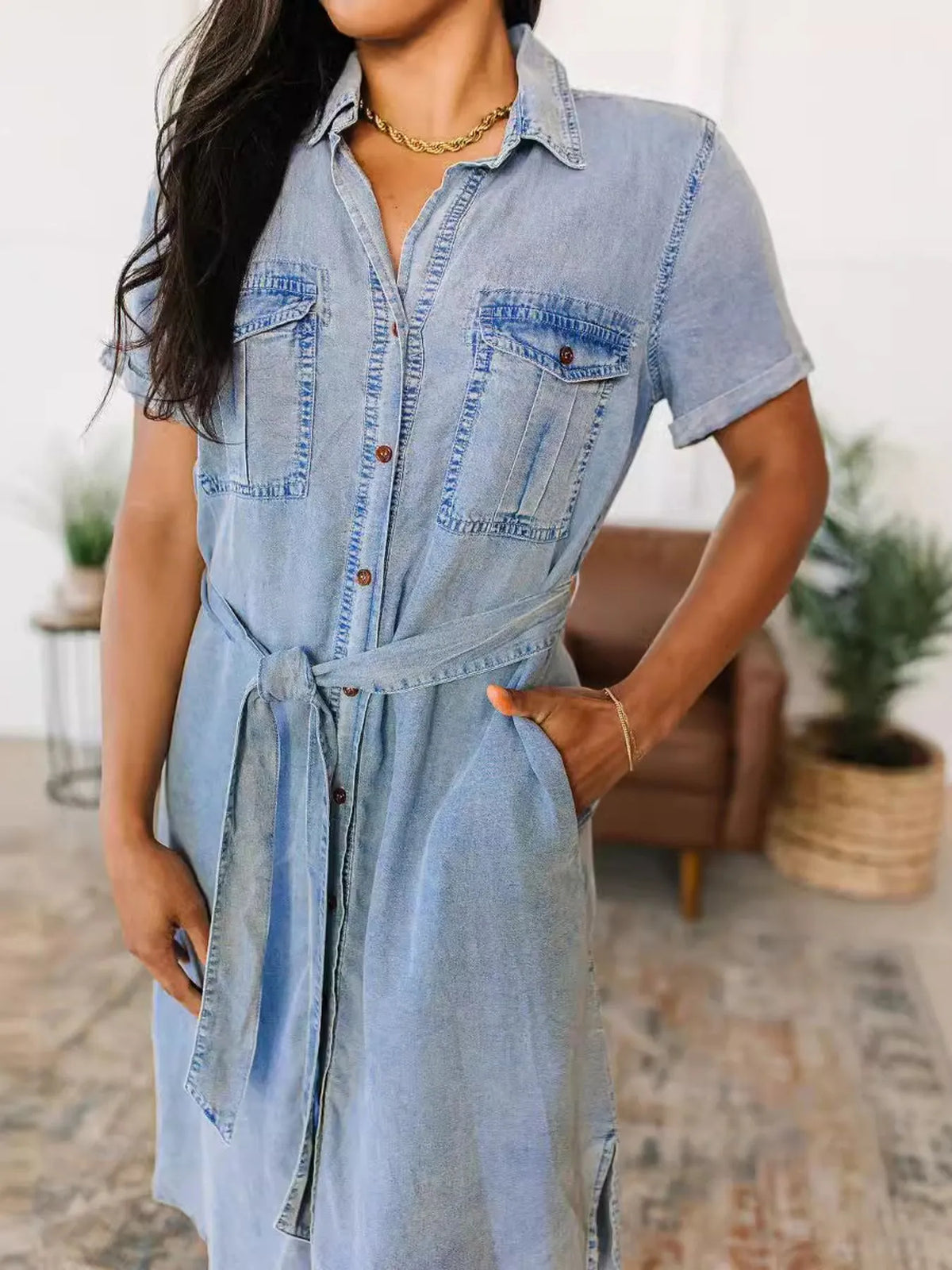 Button Front Short Sleeve Denim Dress Light Blue / S