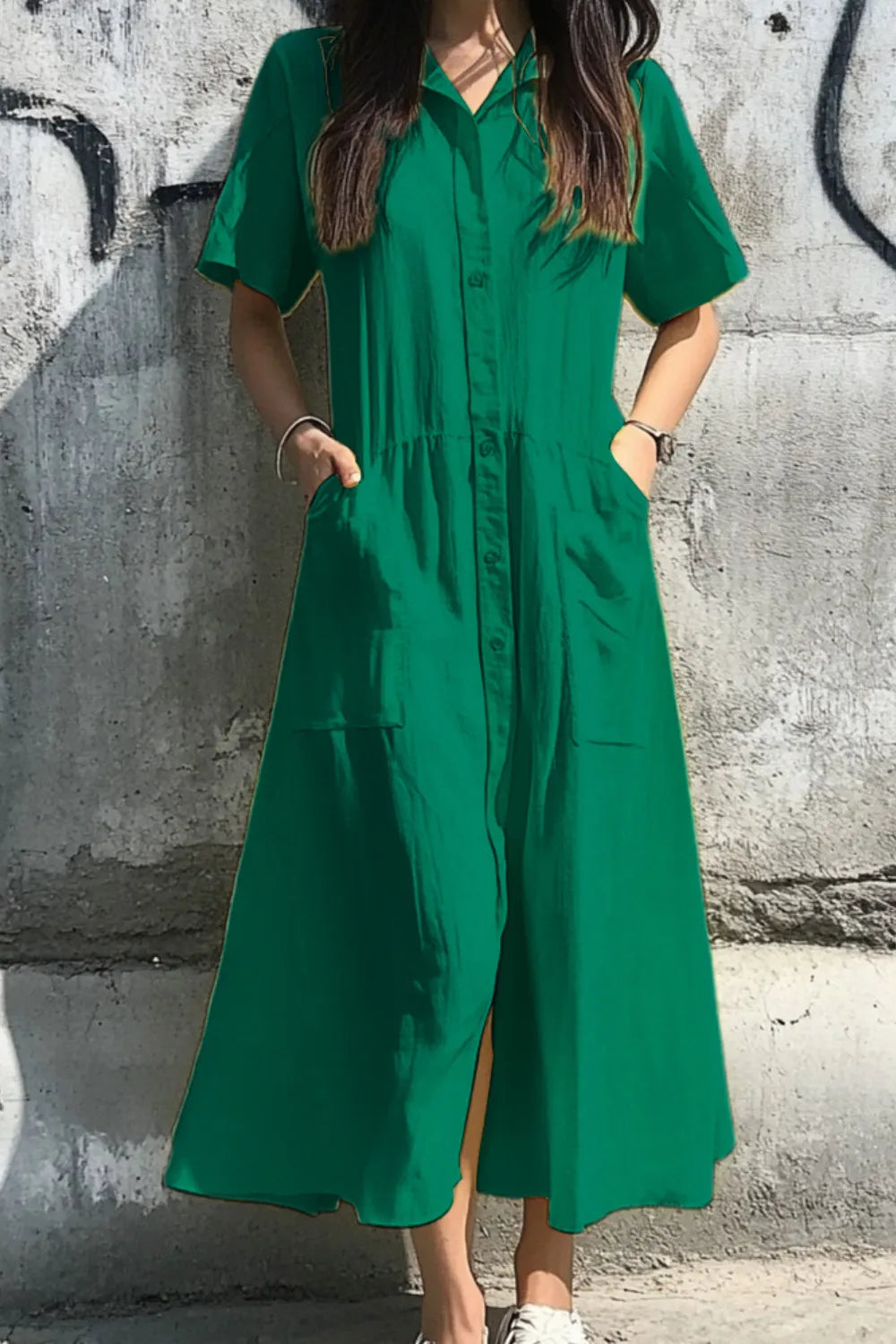 Button Front Short Sleeve Midi Dress Dark Green / S