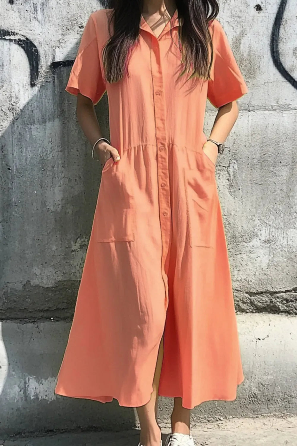 Button Front Short Sleeve Midi Dress Orange / S