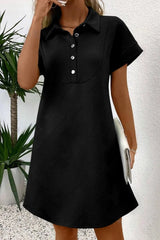 Button Front Short Sleeve Mini Dress Black / S