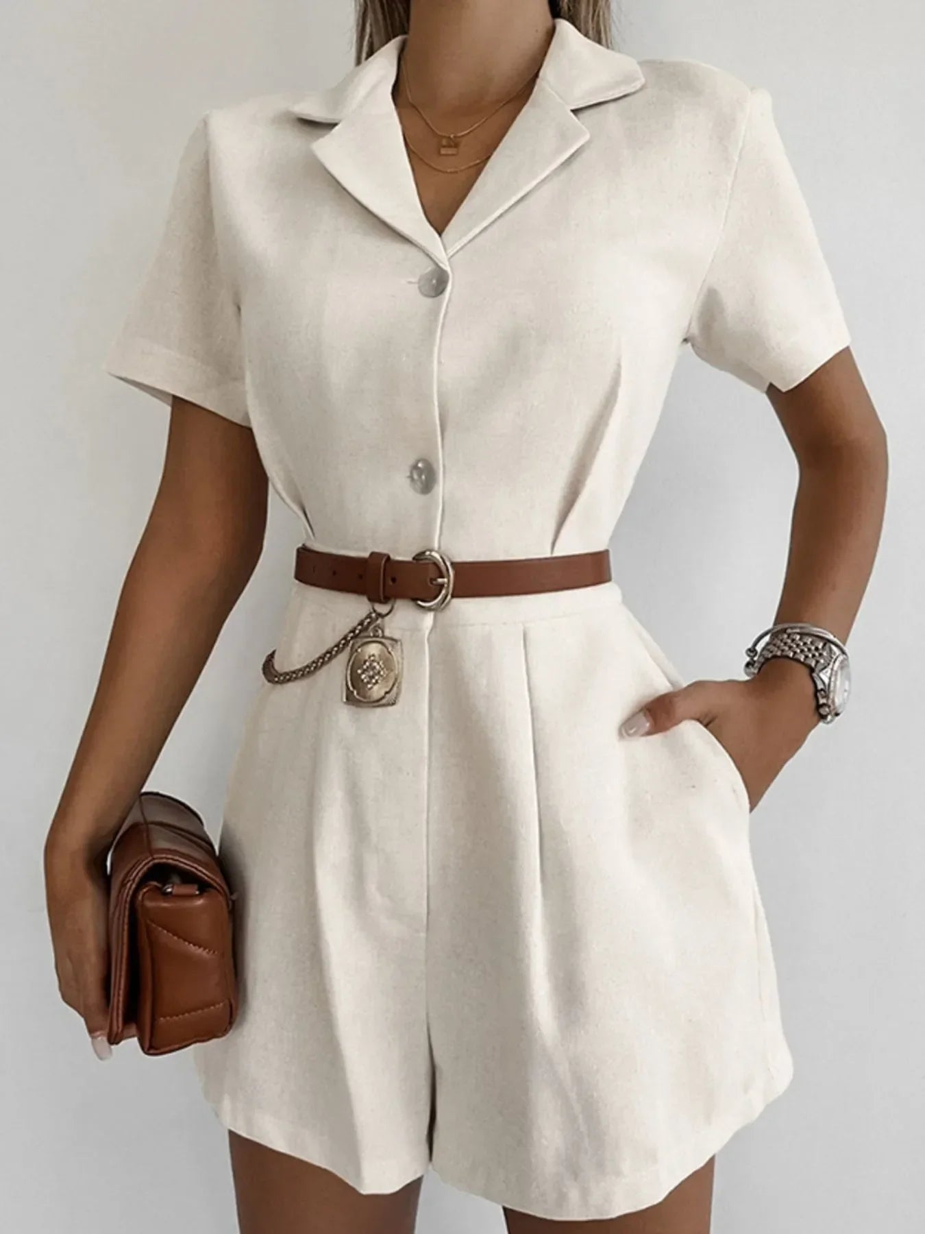 Button-Front Short Sleeve Romper