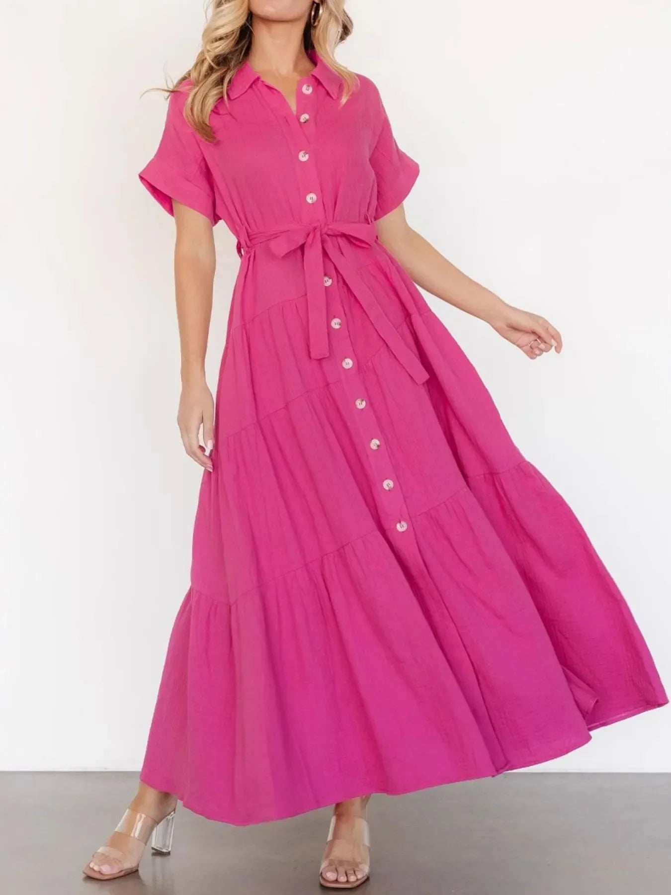 Button Front Short Sleeve Shirt Dress Rose Red / S