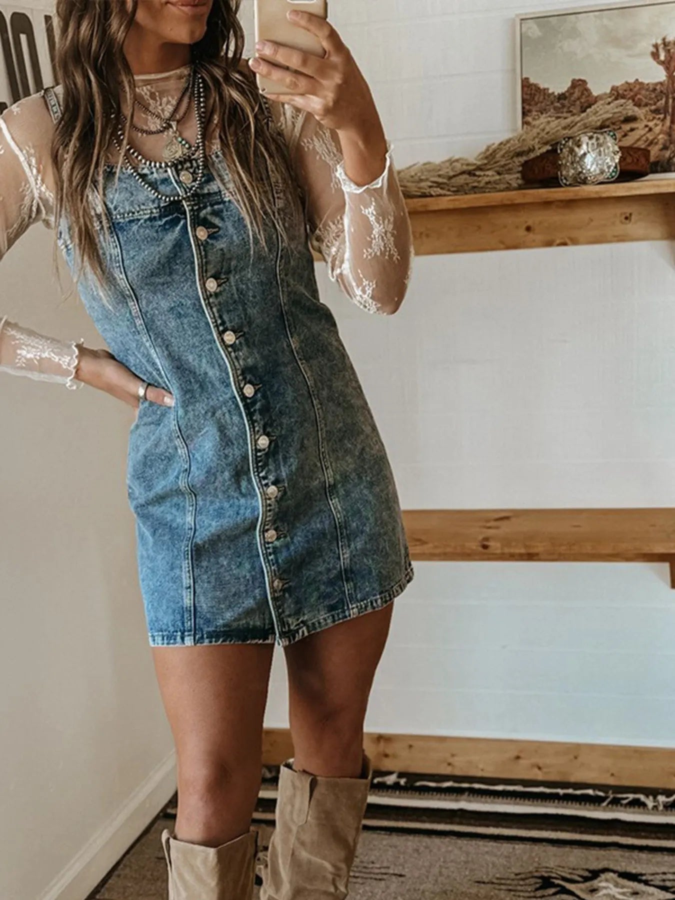 Button Front Square Neck Denim Dress