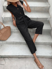 Button-Front Tie Waist Jumpsuit