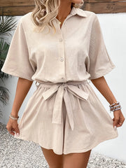 Button Front Tie Waist Romper