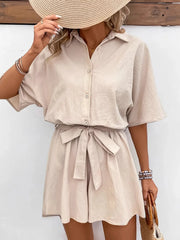 Button Front Tie Waist Romper