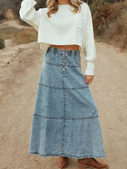 Button-Front Tiered Maxi Denim Skirt