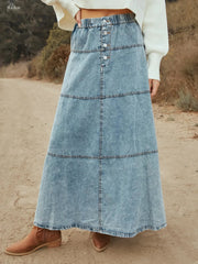 Button-Front Tiered Maxi Denim Skirt Snow Color / S