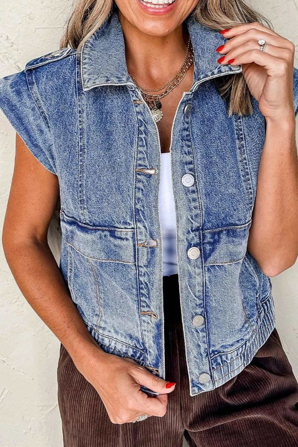 Button Up Cap Sleeve Denim Jacket