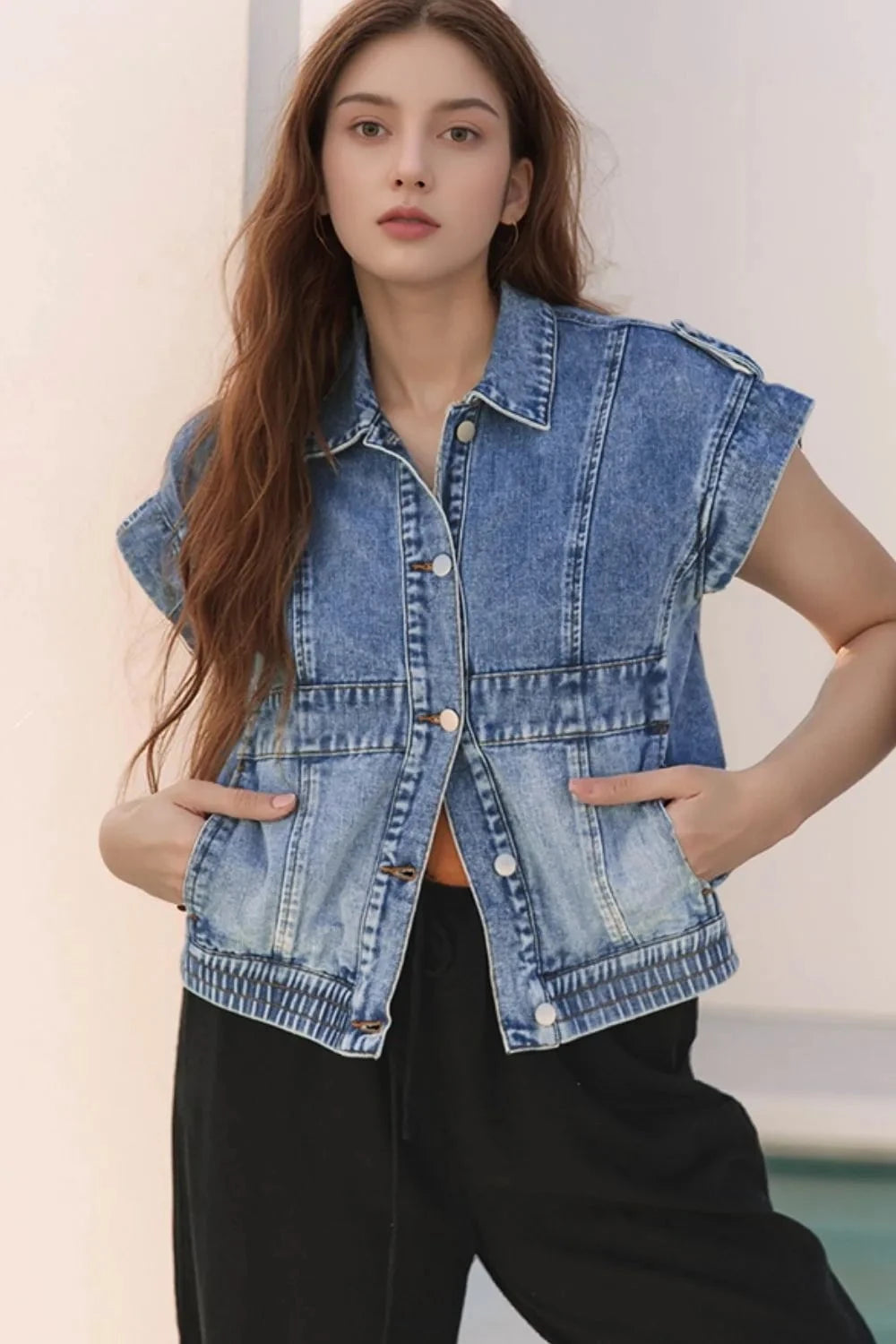 Button Up Cap Sleeve Denim Jacket Medium / S