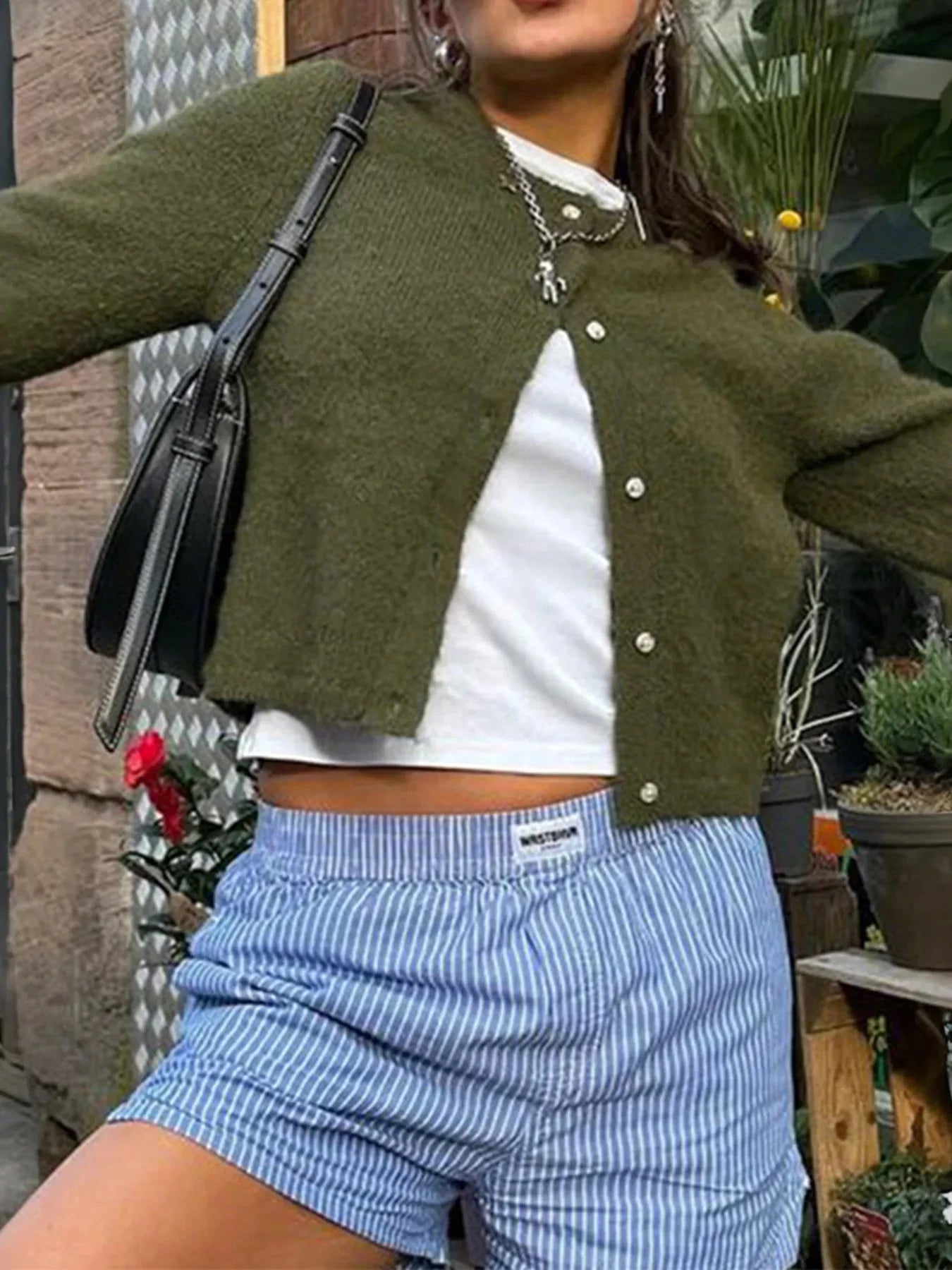 Button-Up Cropped Sweater Cardigan Military Green / S