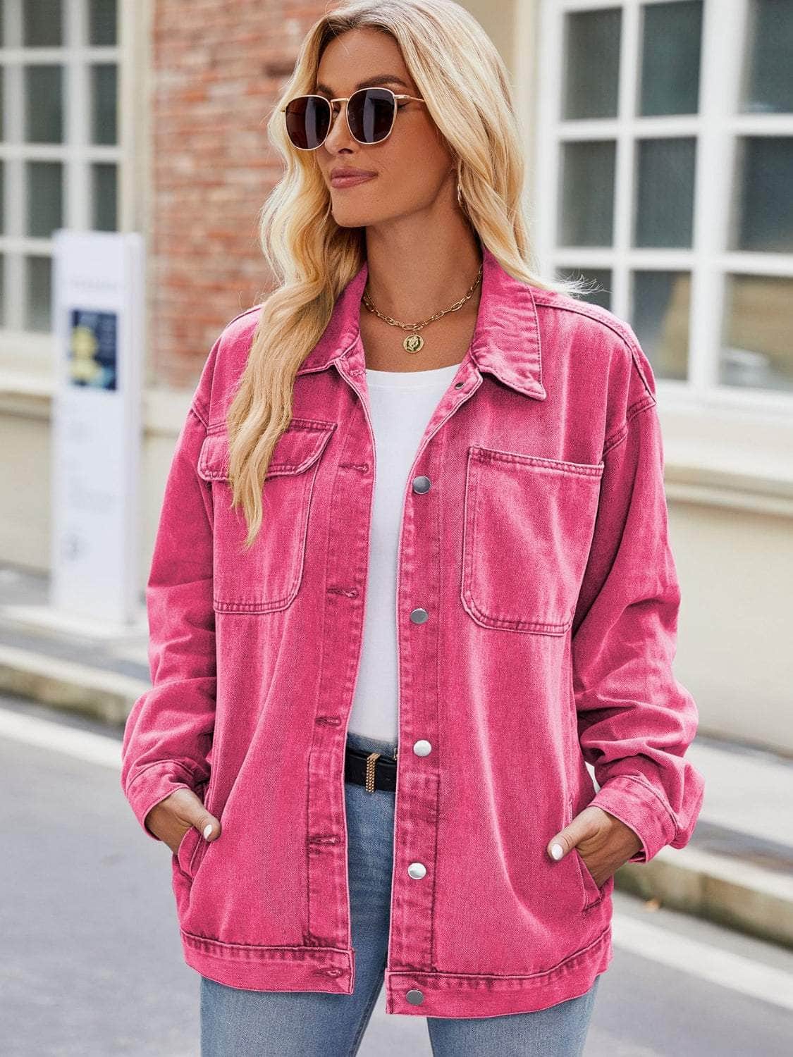 Button Up Denim Jacket with Pockets Hot Pink / S