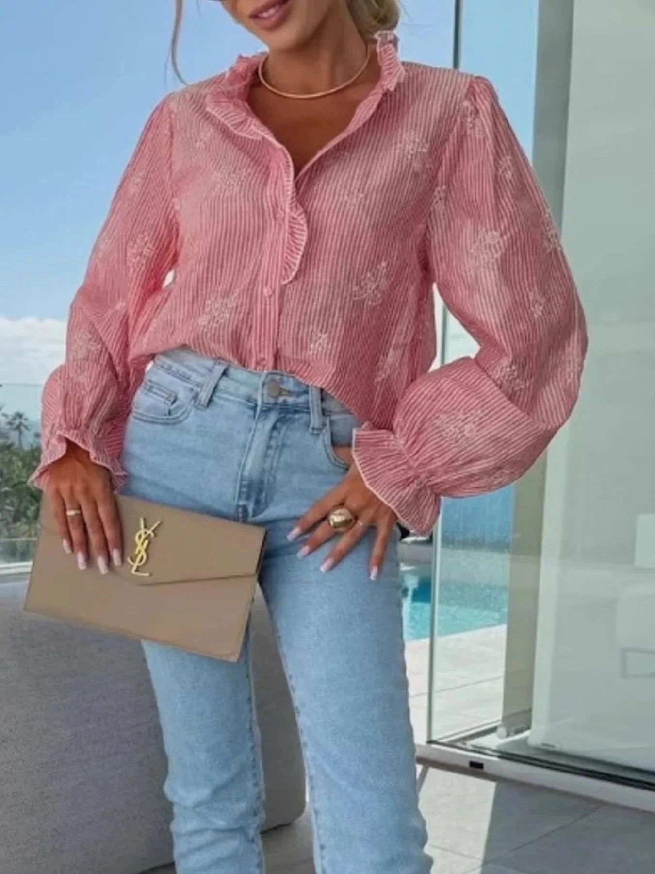 Button Up Flounce Sleeve Shirt