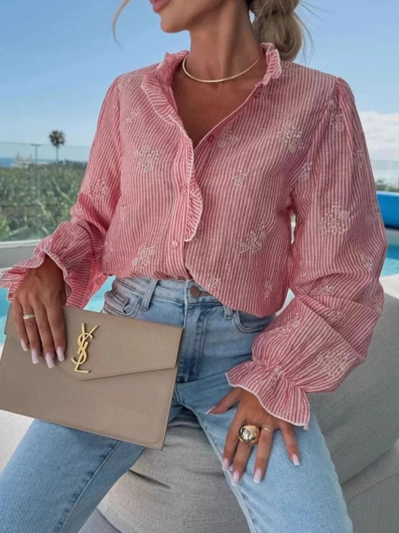 Button Up Flounce Sleeve Shirt