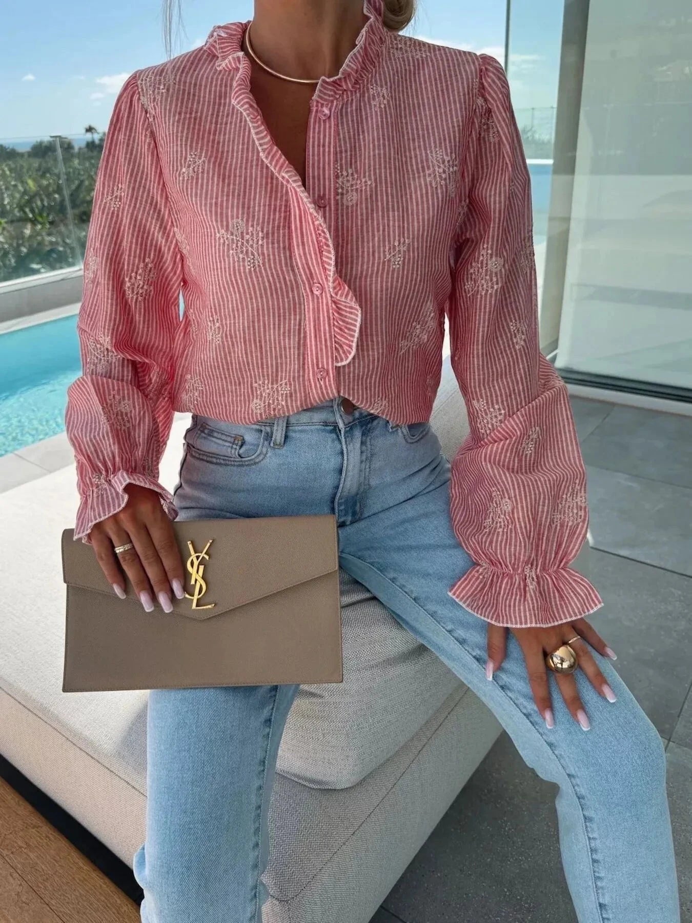 Button Up Flounce Sleeve Shirt