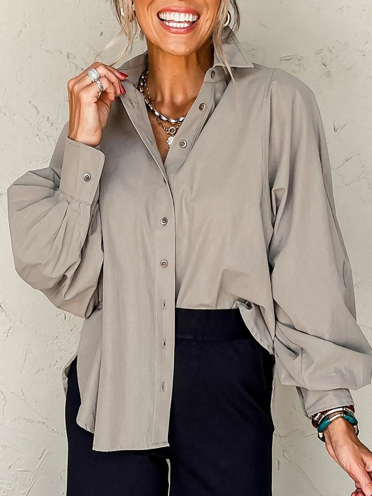 Button Up Lantern Sleeve Shirt Gray / S