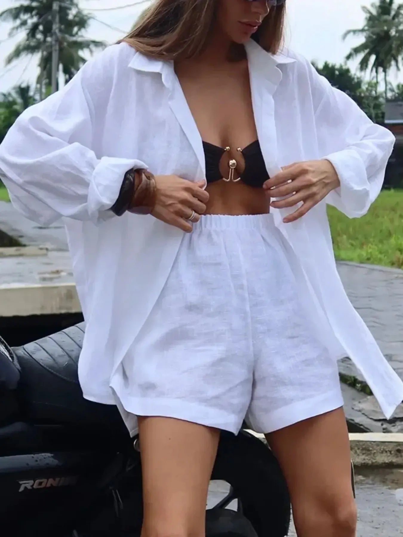 Button Up Long Sleeve Shirt and Shorts Set