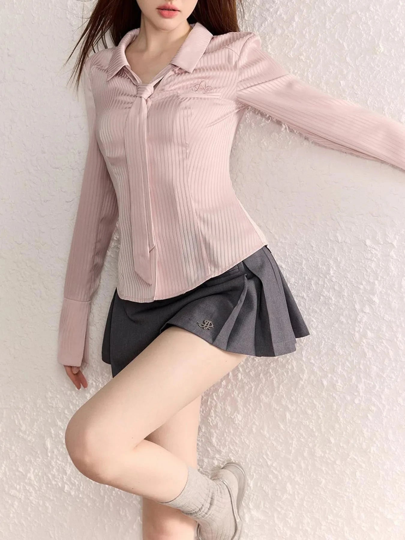 Button-Up Long Sleeve Shirt with Tie