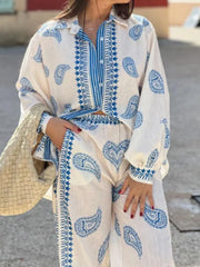 Button Up Printed Shirt and Pants Set