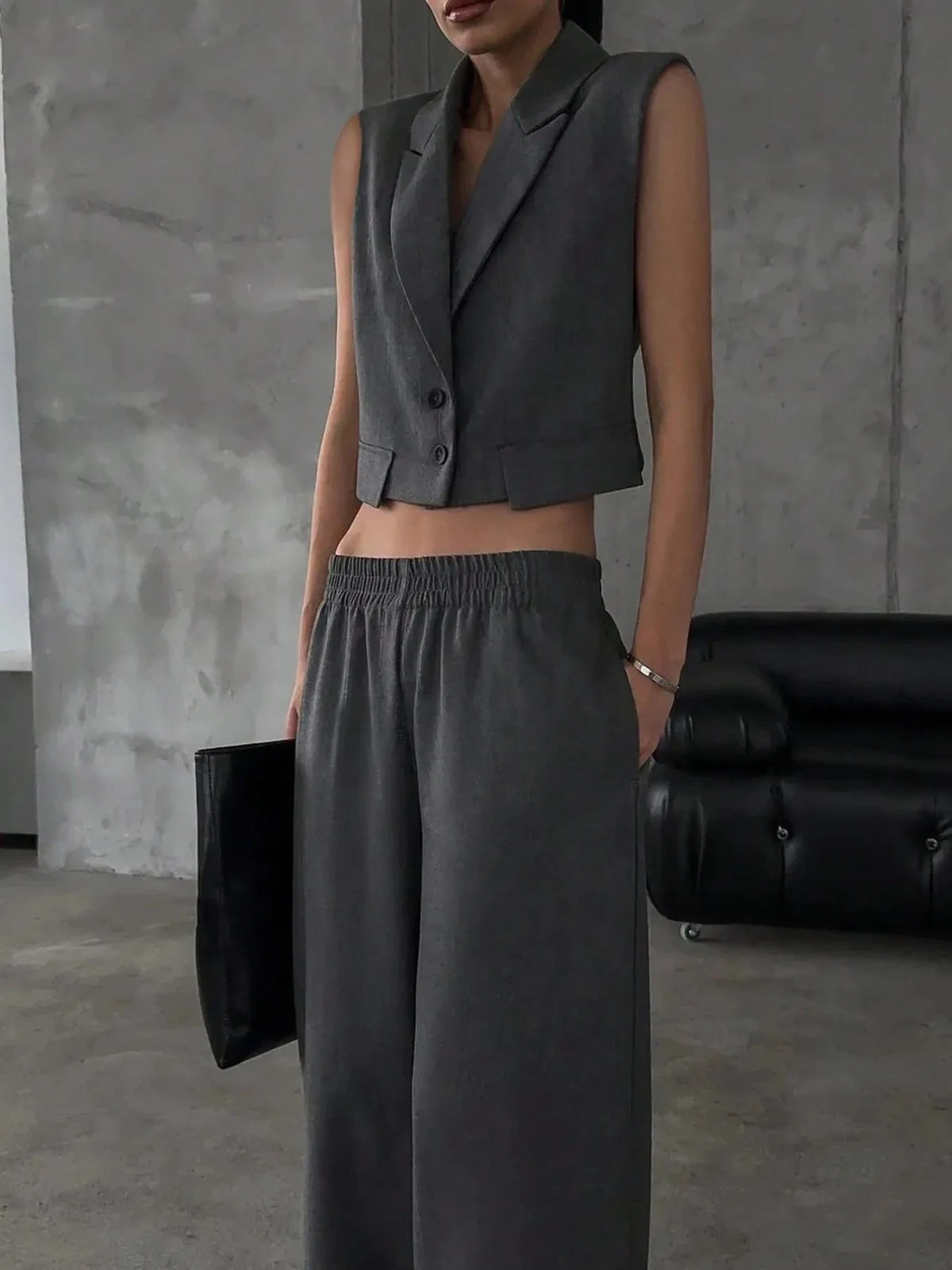 Button Up Sleeveless Top and Pants Set Dark Gray / XS