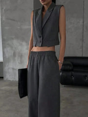 Button Up Sleeveless Top and Pants Set Dark Gray / XS
