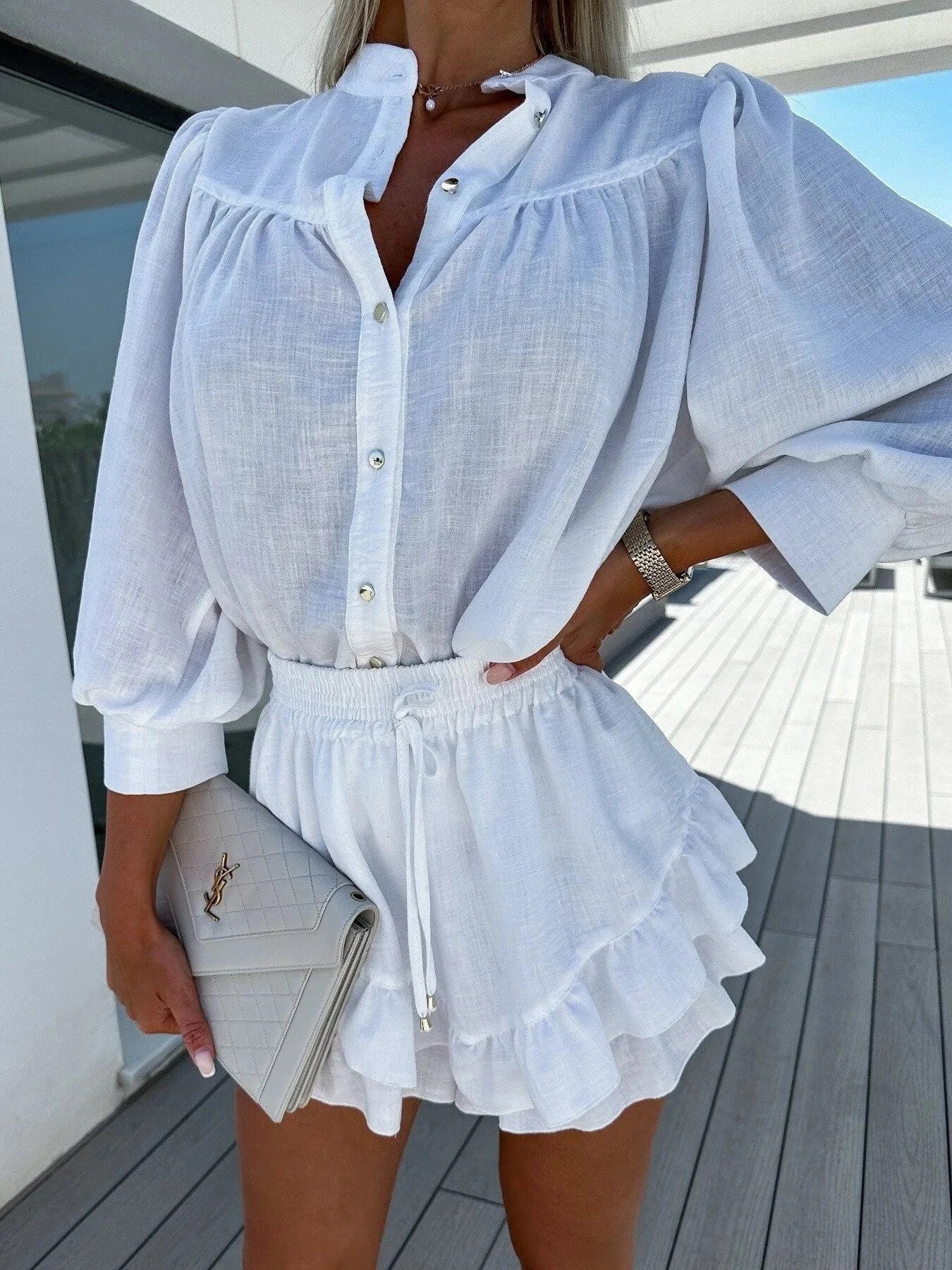 Button Up Top and Ruffled Skirt Set White / S