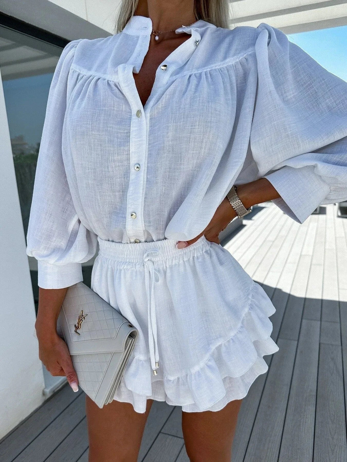 Button Up Top and Ruffled Skirt Set White / S