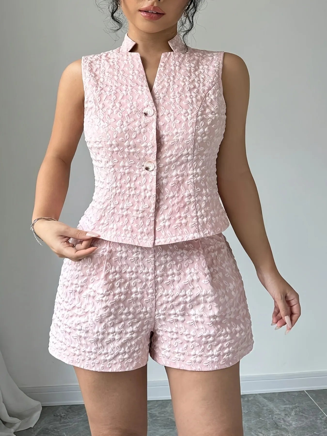 Button Up Vest and Shorts Set Pink / S