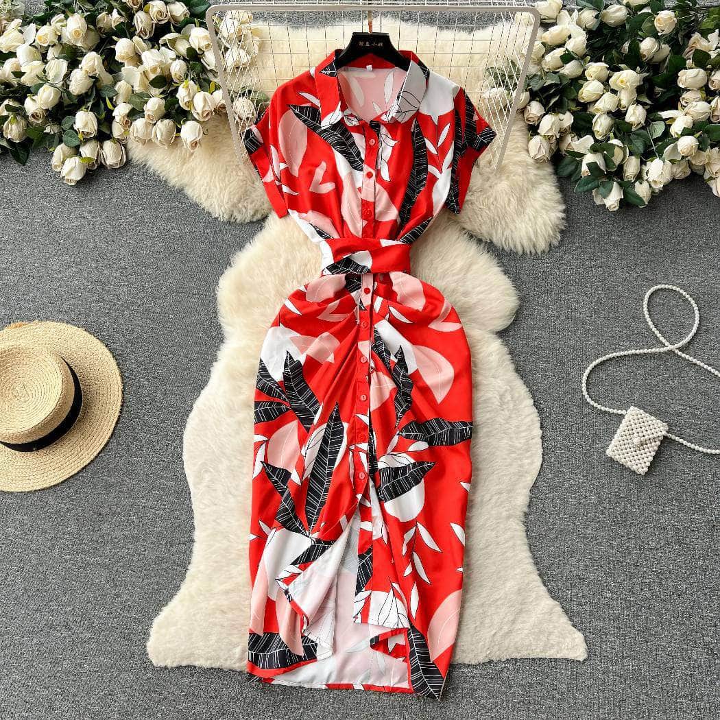 Buttoned Down Collared Floral Print Dress